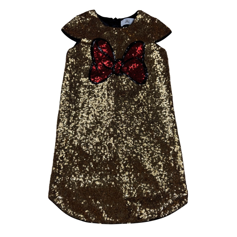 Disney Girls Gold Sequin Minnie Mouse Bow Dress Size 9/10 Holiday Party Sparkle